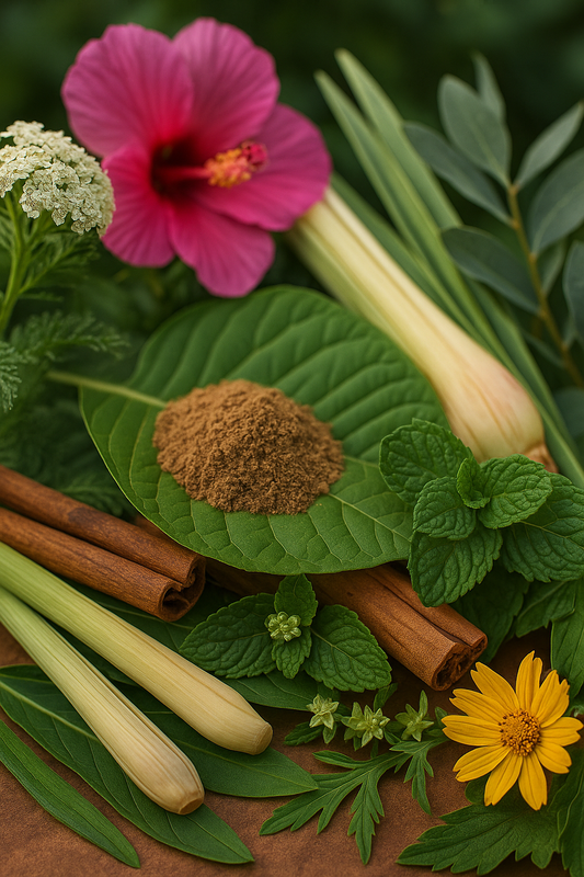 A realistic arrangement of kava roots, kratom leaves, guduchi vines, chamomile, cinnamon sticks, yarrow, lemongrass, eucalyptus, mint, sesame seeds, and olives — representing the plant ingredients in Ina’s Hands Kava + Kratom Balm.